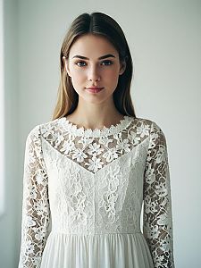 Elegant Woman in White Lace Floral Dress Portrait