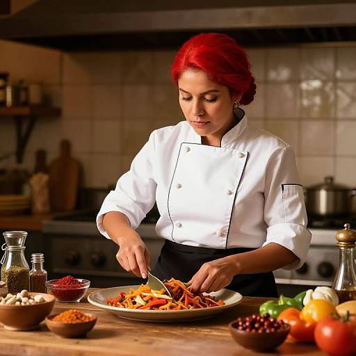 Woman Chef Preparing Colorful Vegetable Dish in Rustic Kitchen
