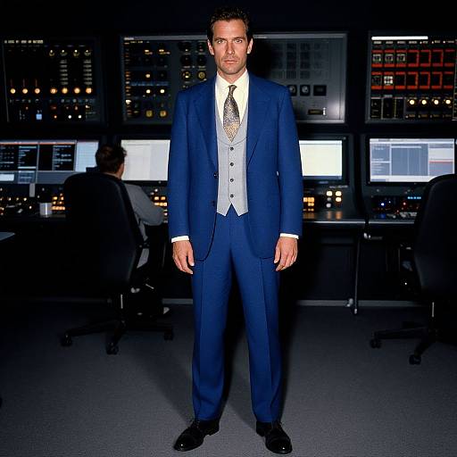 Man in Blue Suit Standing in High-Tech Control Room