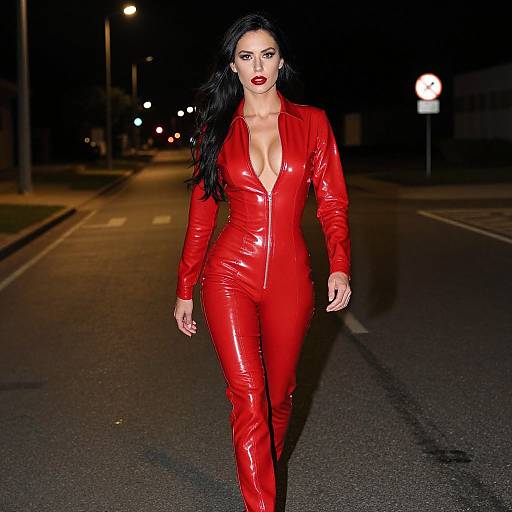 Woman in Red Latex Jumpsuit Walking Night Street
