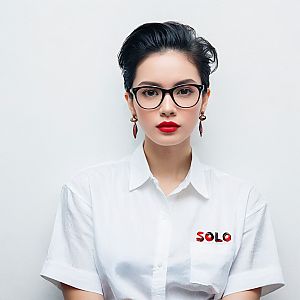 Confident Woman in Stylish Glasses and 'SOLO' Shirt