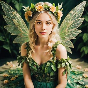 Fairy Woman in Green Dress with Floral Crown