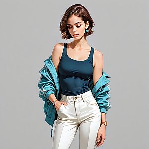 Stylish Young Woman in Navy Tank Top and White Pants with Blue Jacket