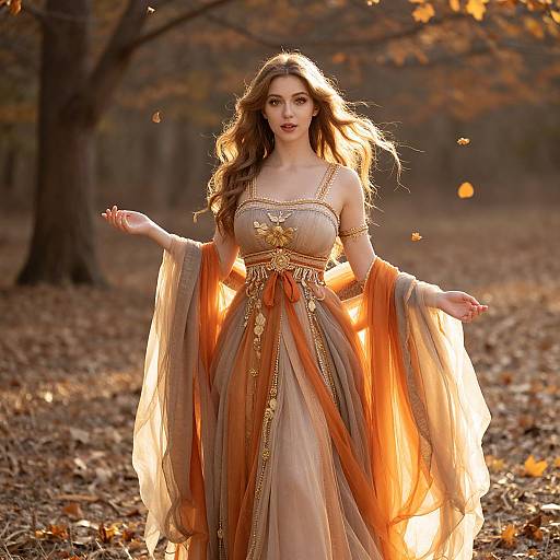 Elegant Woman in Flowing Orange and Beige Gown in Autumn Forest