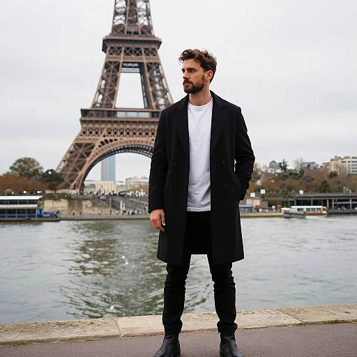 Stylish Young Man in Black Coat Standing by Eiffel Tower Paris