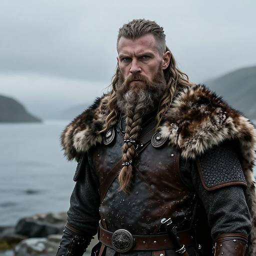 Viking Warrior in Fur Cloak and Leather Armor by the Sea