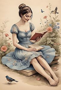 Whimsical Vintage Style Woman Reading Books Outdoors Illustration