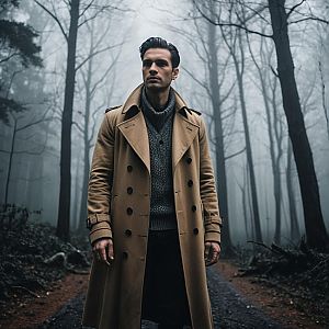 Man in Camel Trench Coat on Misty Forest Path