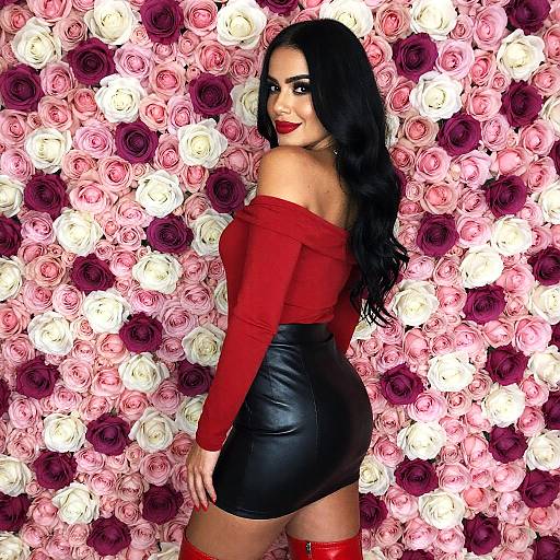 Stylish Woman in Red Outfit Posing Against Vibrant Rose Flower Wall