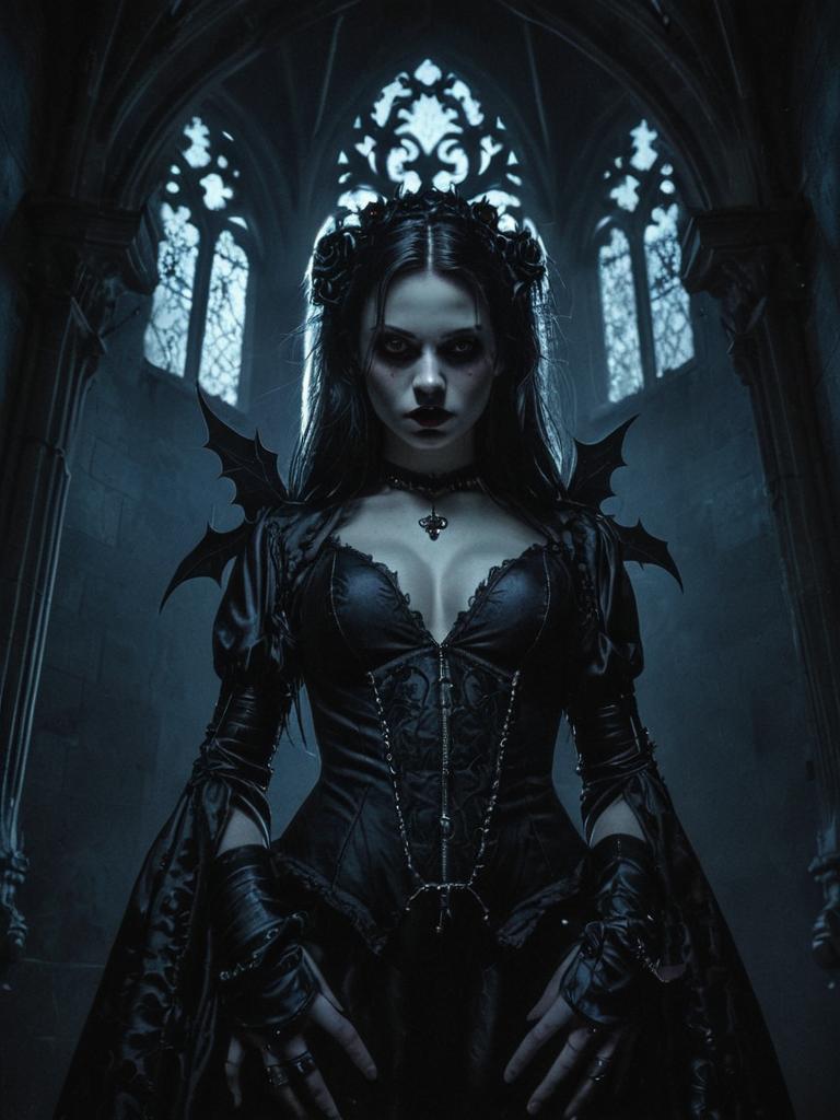 Dark Gothic Woman in Cathedral Setting Wearing Black Dress