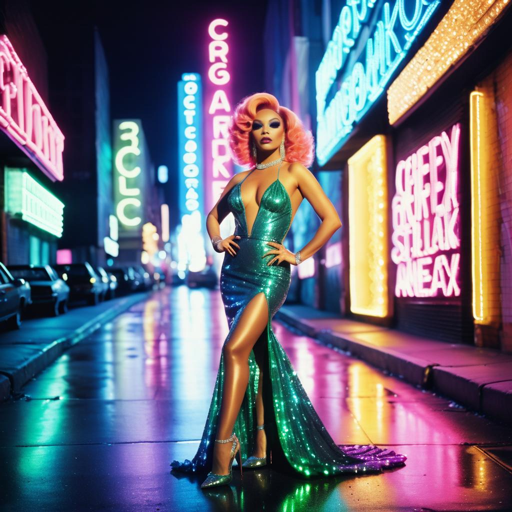 Confident Woman in Green Sequined Gown Under Neon Lights