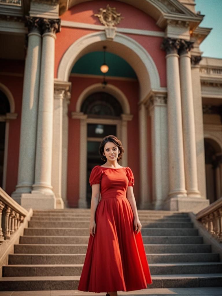 Woman in Red Dress at Elegant Building