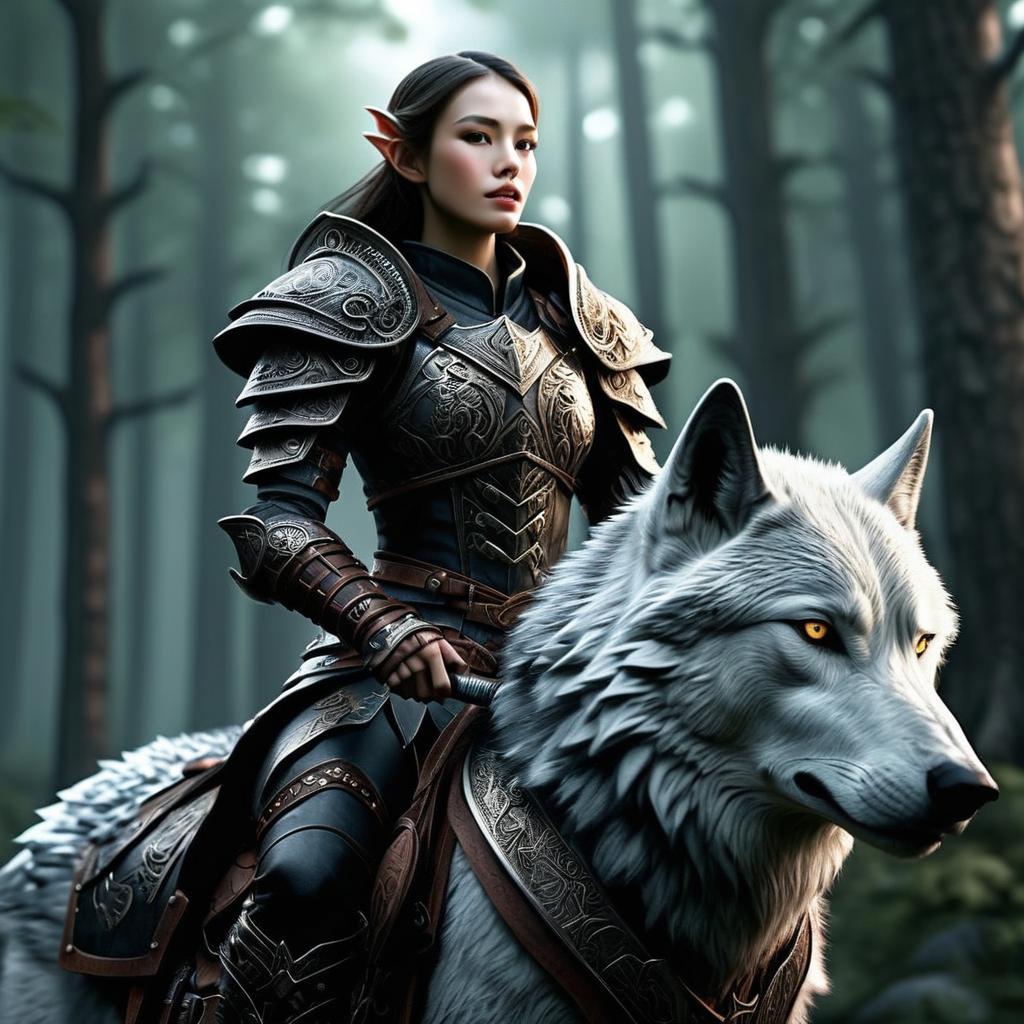 Fierce Elven Warrior on White Wolf