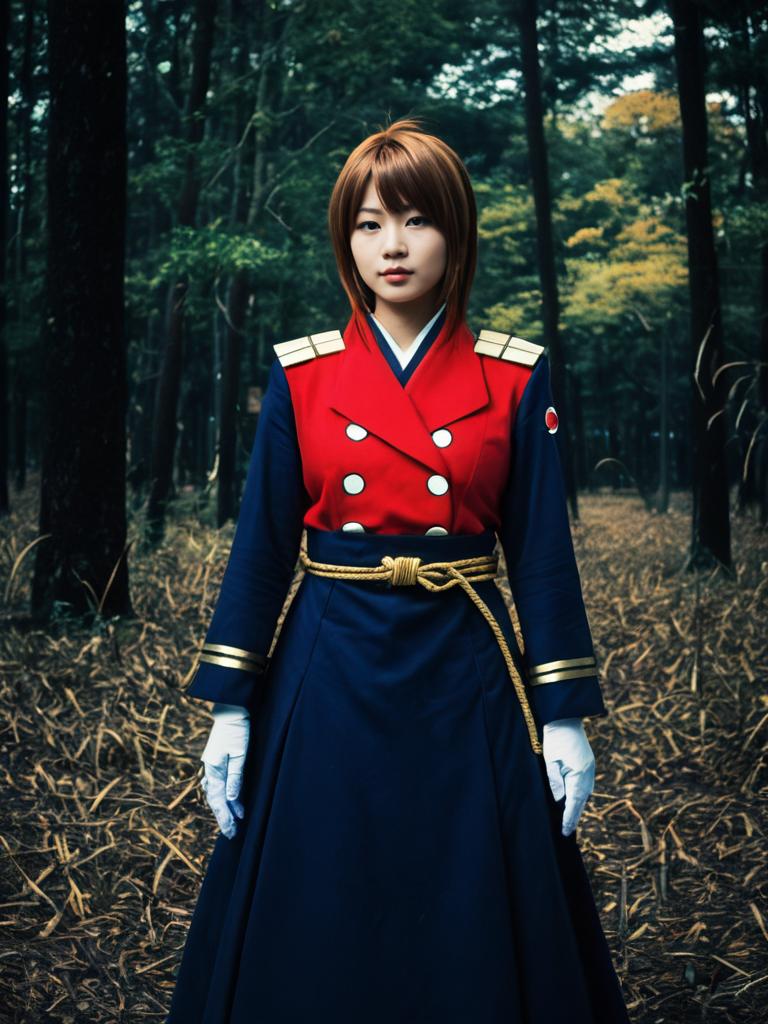 Realistic Yamato Cosplay Woman in Military-Style Costume in Forest