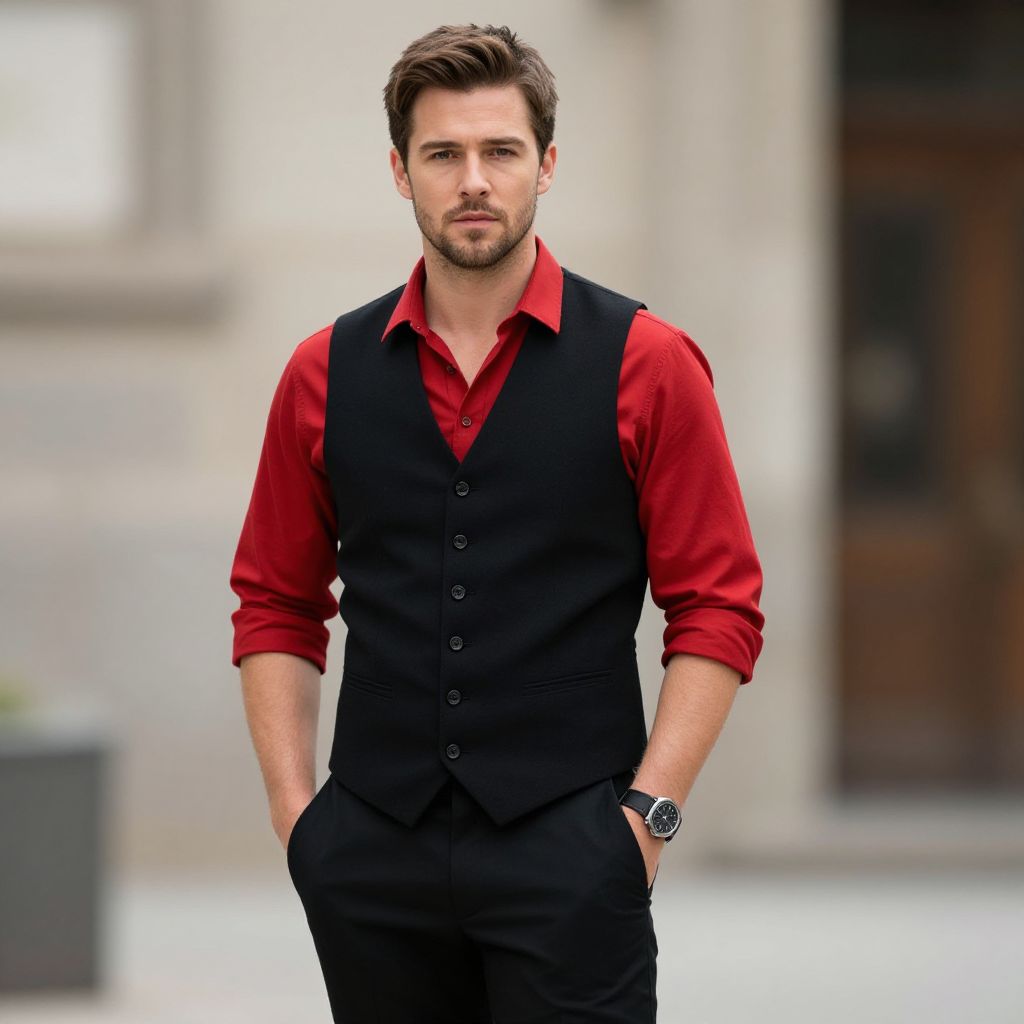 Stylish Young Man Wearing Black Vest and Red Shirt Outdoors