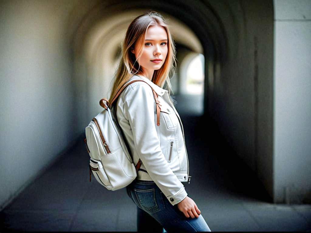 Stylish young woman in a chic outfit with a white backpack