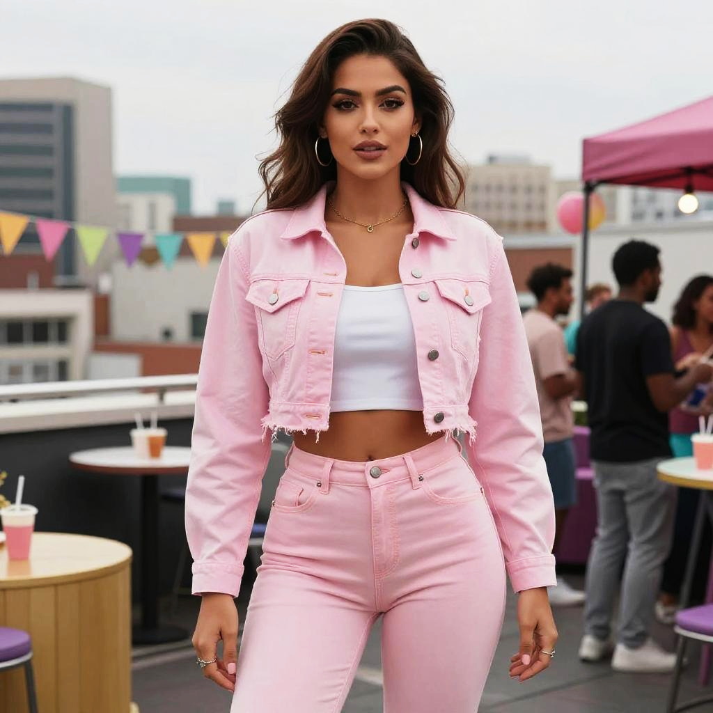 Busty Woman in Pastel Pink Cropped Denim Jacket and High-Waisted Jeans Casual Streetwear