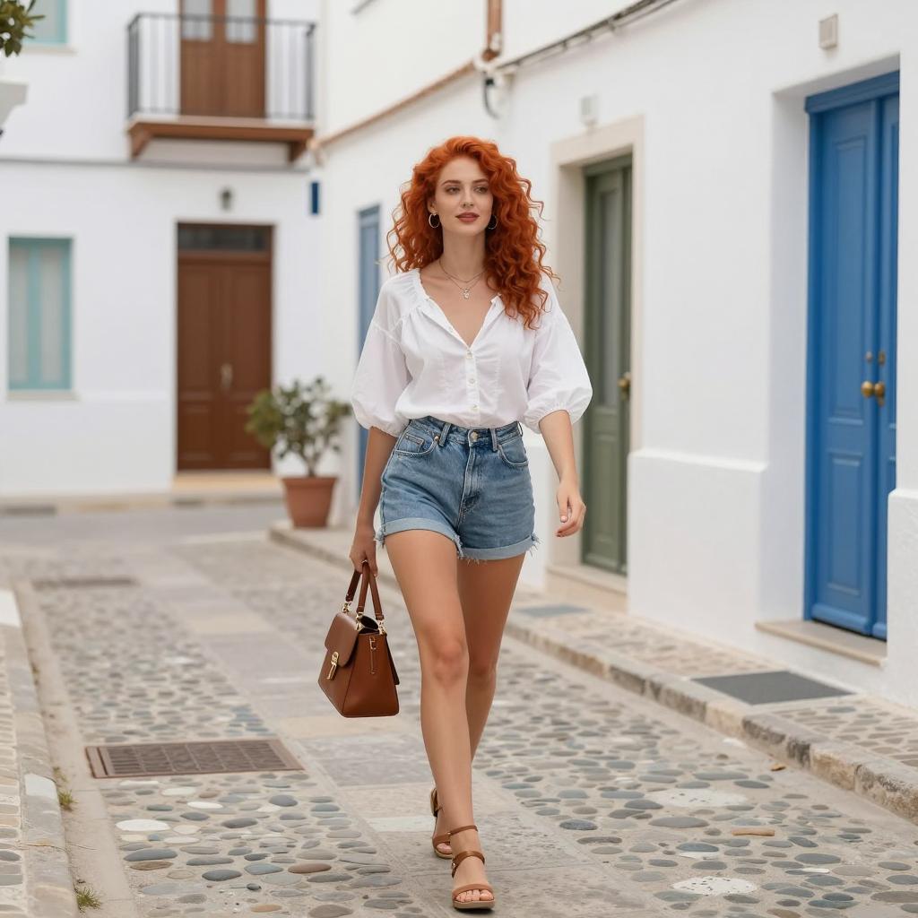 Young Redhead Woman Walking in Casual Chic Outfit on Cobblestone Street
