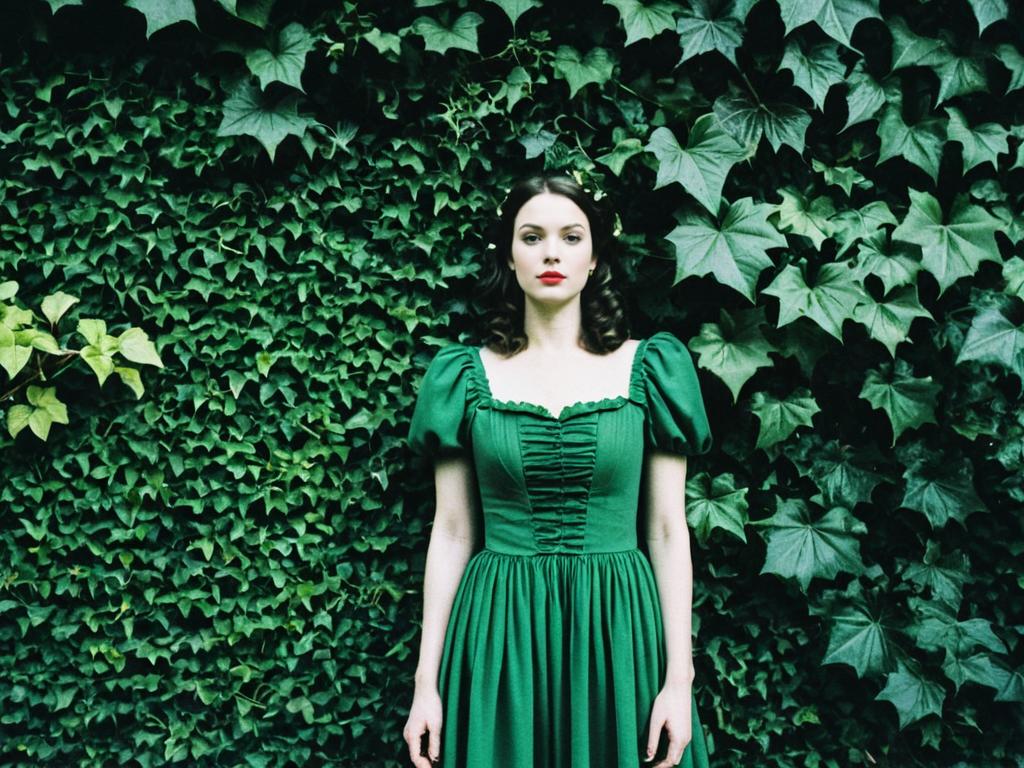 Woman in Fancy Green Dress Standing in Front of Ivy Wall