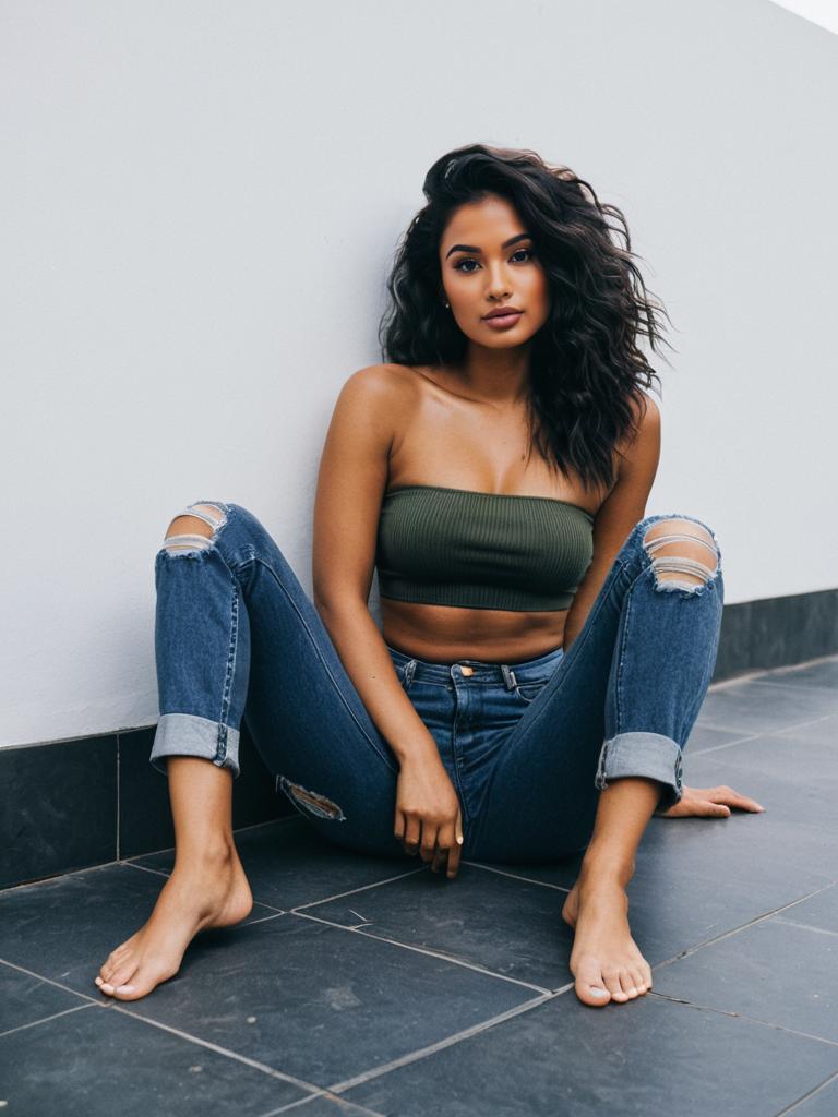 Casual Young Woman Sitting Barefoot in Ripped Jeans and Green Tube Top