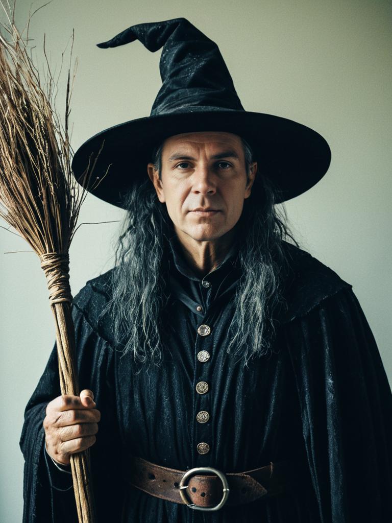Modern Male Witch Costume with Broomstick and Pointed Hat