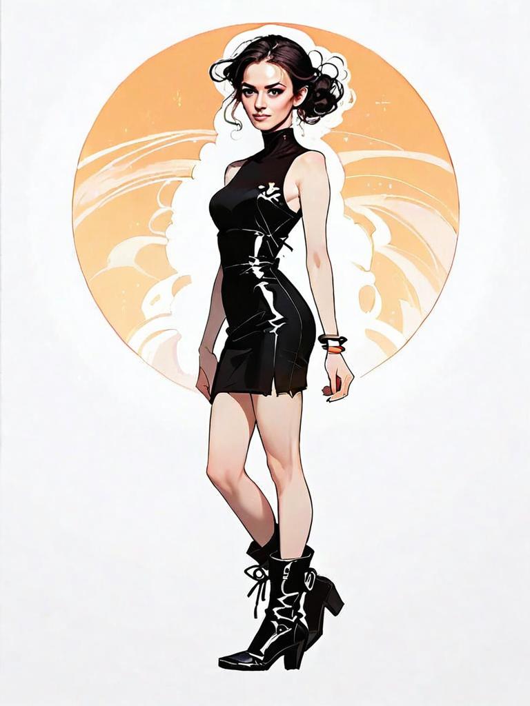 Realistic Comic Style Full-Body Illustration of Woman in Black Dress