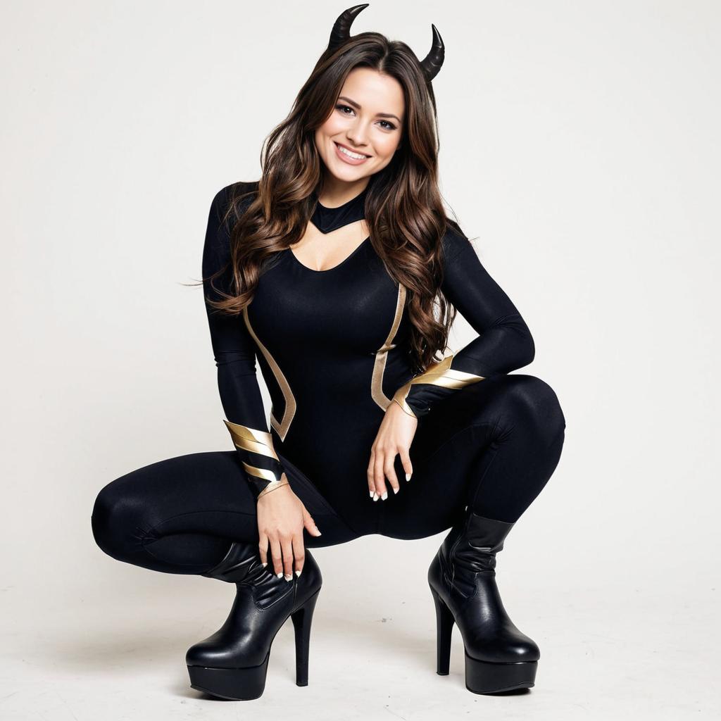 Confident Woman in Black Gold Bodysuit and Devil Horn Costume