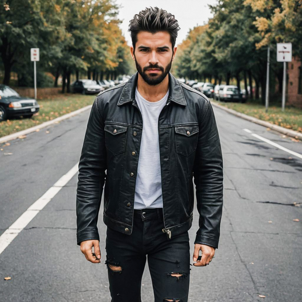 Confident Man in Leather Jacket on Autumn Street Confident Man in Leather Jacket on Autumn Street