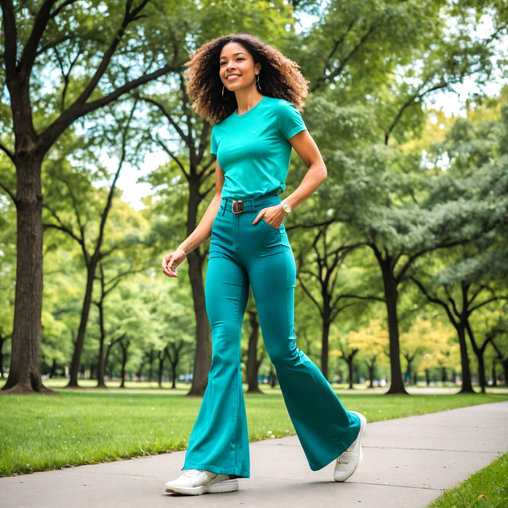 Stylish Woman in Teal Outfit at Park