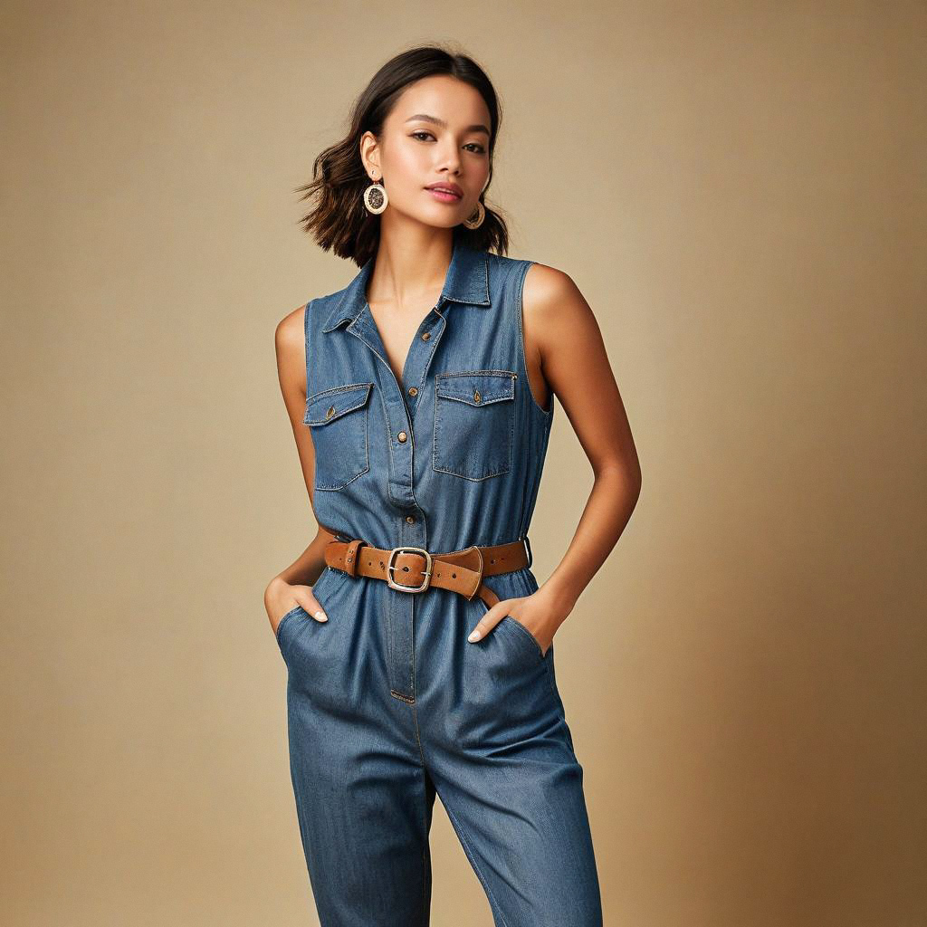 Confident Woman in Denim Jumpsuit with Hoops