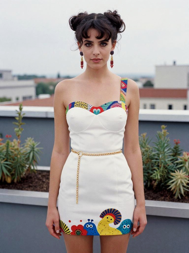 Young Woman in Contemporary Technicolor Analog Film Style Dress Outdoors