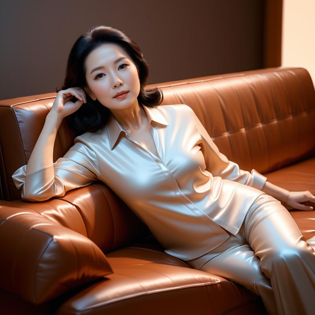 Elegant Woman in Satin Outfit on Leather Sofa