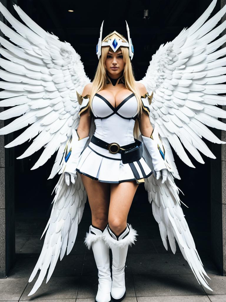 Woman in Angelic Warrior Cosplay Costume with Large White Wings