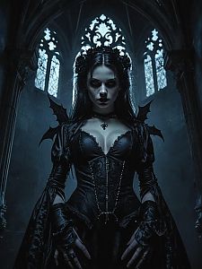 Dark Gothic Woman in Cathedral Setting Wearing Black Dress