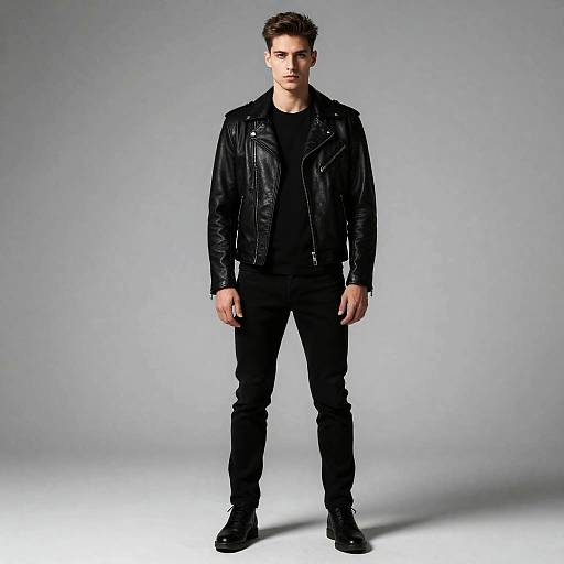 Young Man in Black Leather Biker Jacket and Black Jeans
