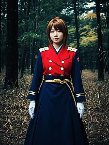 Realistic Yamato Cosplay Woman in Military-Style Costume in Forest