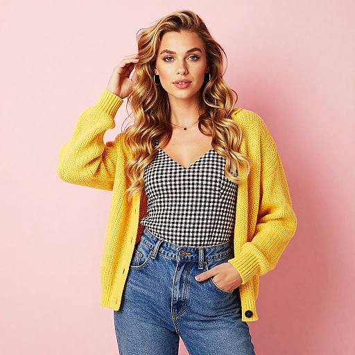 Stylish Woman in Yellow Cardigan and Gingham Top Posing Against Pink Background