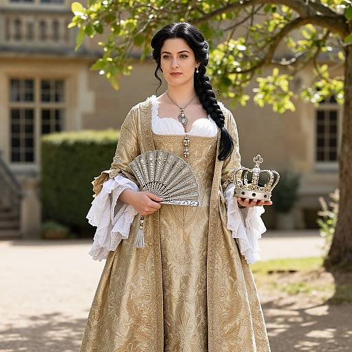 Woman in Gold Baroque Costume Holding Crown and Fan