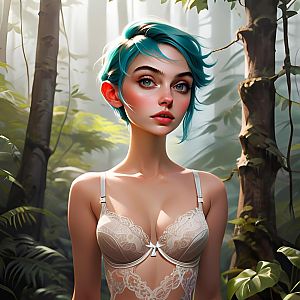 Young Woman with Teal Hair in Lace Lingerie in a Forest Digital Illustration