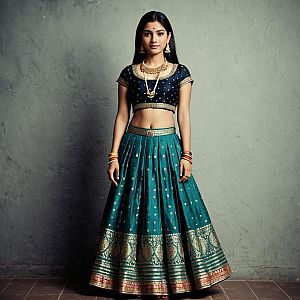 Traditional Indian Ghagra Choli Outfit with Jewelry and Embroidered Skirt