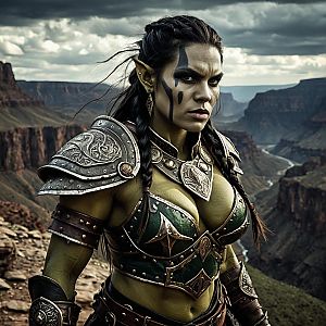 Fierce Green-Skinned Woman Warrior in Canyon