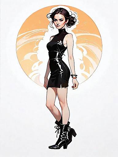Realistic Comic Style Full-Body Illustration of Woman in Black Dress