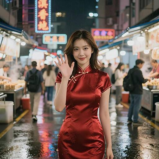 Woman in Red Cheongsam at Vibrant Night Market