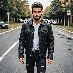 Confident Man in Leather Jacket on Autumn Street