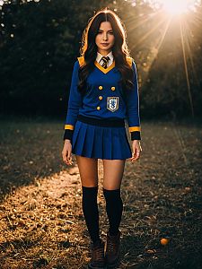 Realistic Sexy Woman Cosplaying Liltotto Lampard Character in Blue School Uniform