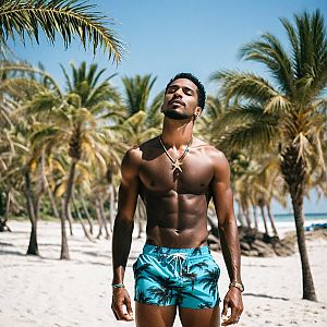 Shirtless Man on Tropical Beach