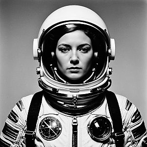 Black and White Portrait of Woman in Astronaut Suit