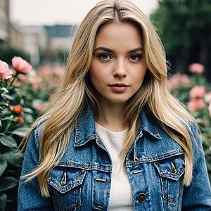 Young Woman in Denim Jacket Surrounded by Flowers