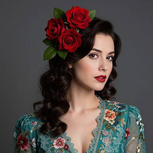 Elegant Woman with Red Roses and Floral Embroidered Dress