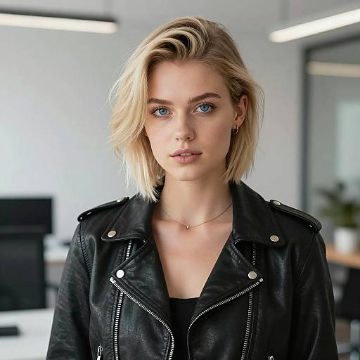 Confident Gen Z Woman in Black Leather Jacket with Short Blonde Hair